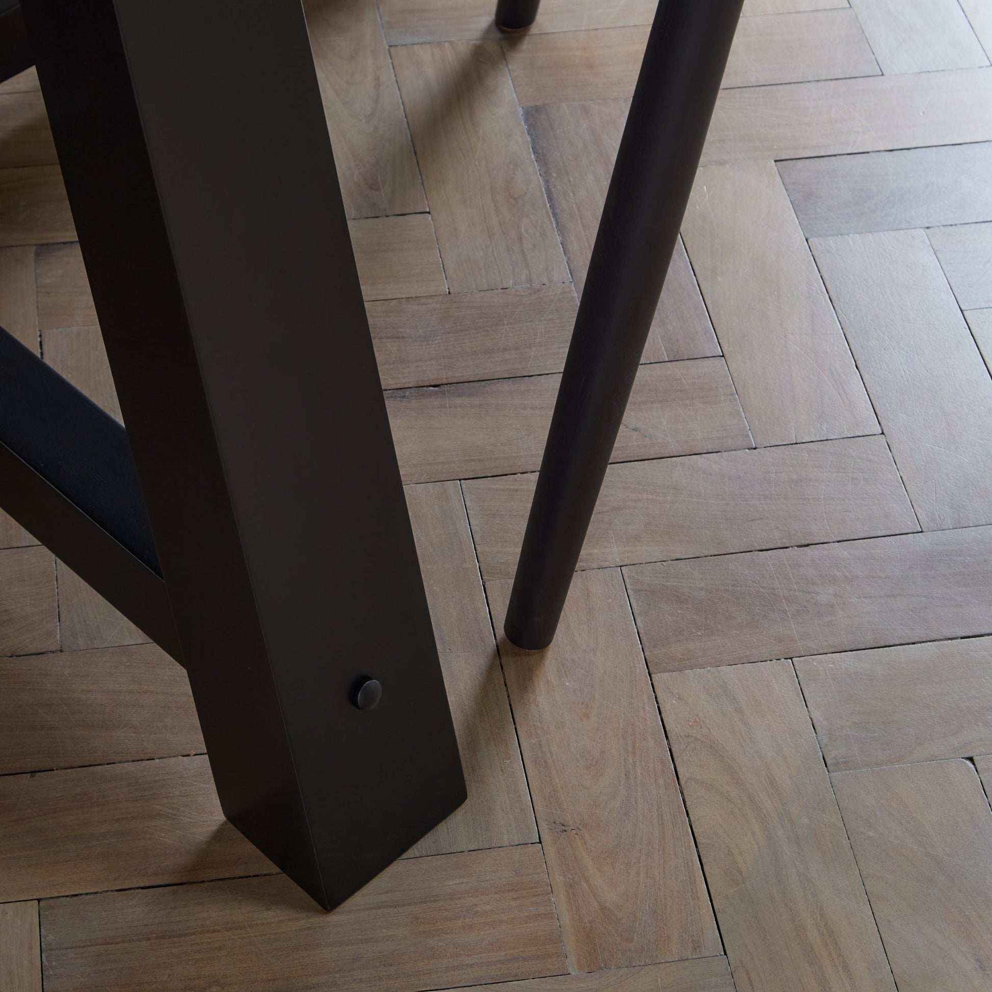 Charlotte Black Oak Round Dining Table Set - 4 Seater - Freya Sand Dining Chairs - Black Oak Legs - Laura James