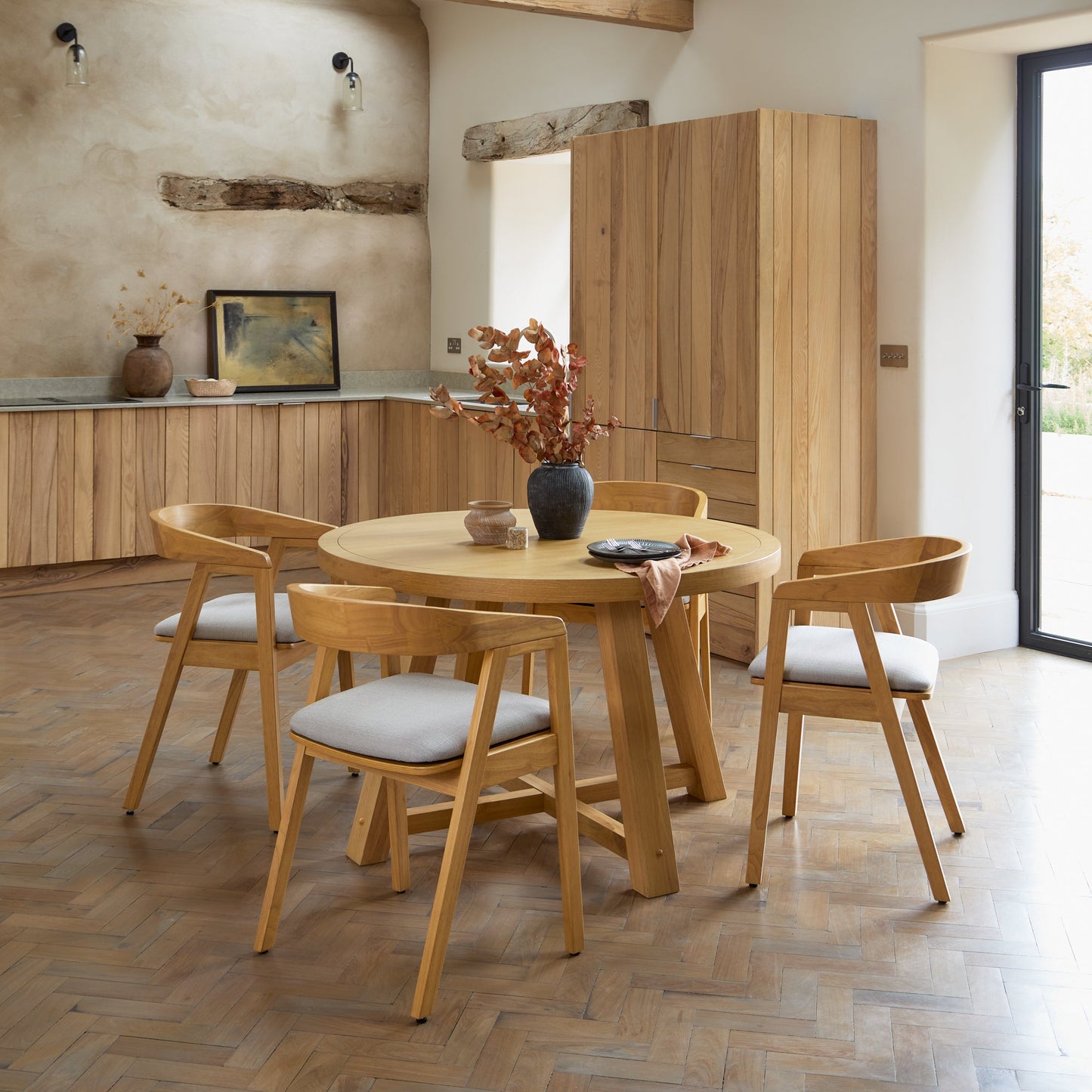 Charlotte Pale Oak Round Dining Table Set - 4 Seater - Ella Pale Oak Carver Chair - Fawn Linen - Laura James
