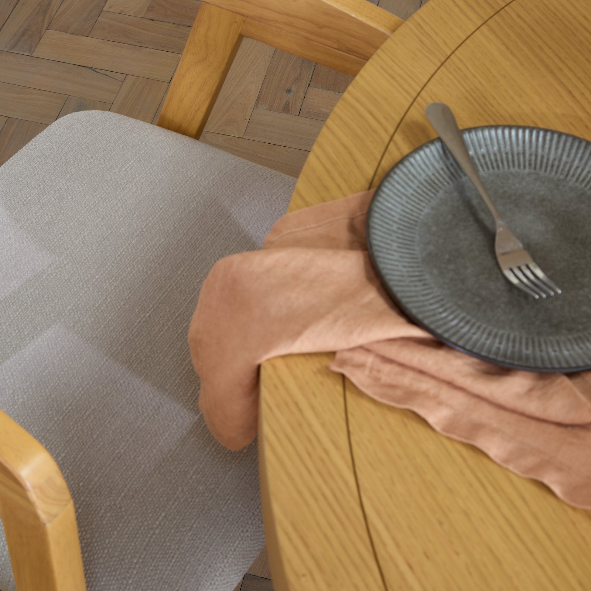 Charlotte Pale Oak Round Dining Table Set - 4 Seater - Ella Pale Oak Carver Chair - Fawn Linen - Laura James