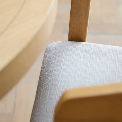 Charlotte Pale Oak Round Dining Table Set - 4 Seater - Ella Pale Oak Carver Chair - Fawn Linen - Laura James