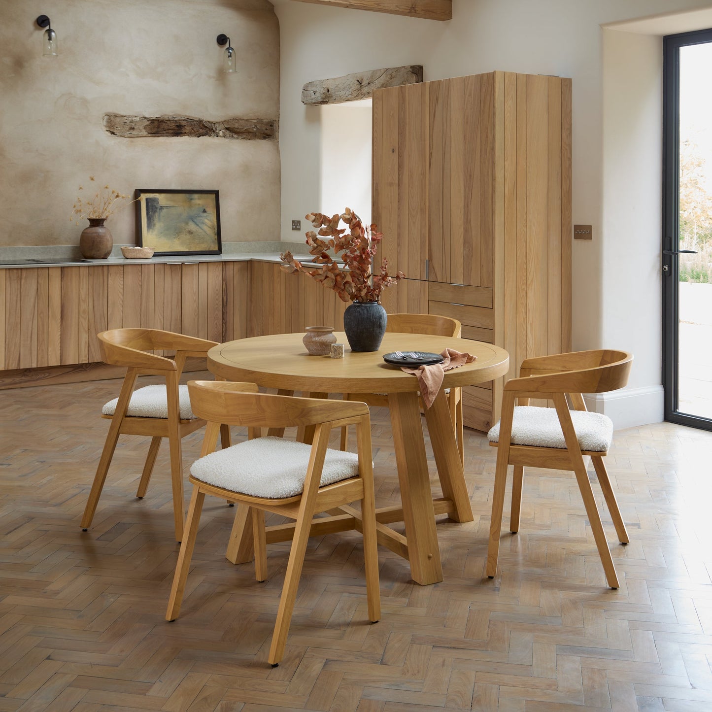 Charlotte Pale Oak Round Dining Table Set - 4 Seater - Ella Pale Oak Carver Chair - Off White Boucle - Laura James