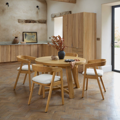 Charlotte Pale Oak Round Dining Table Set - 4 Seater - Ella Pale Oak Carver Chair - Off White Boucle - Laura James