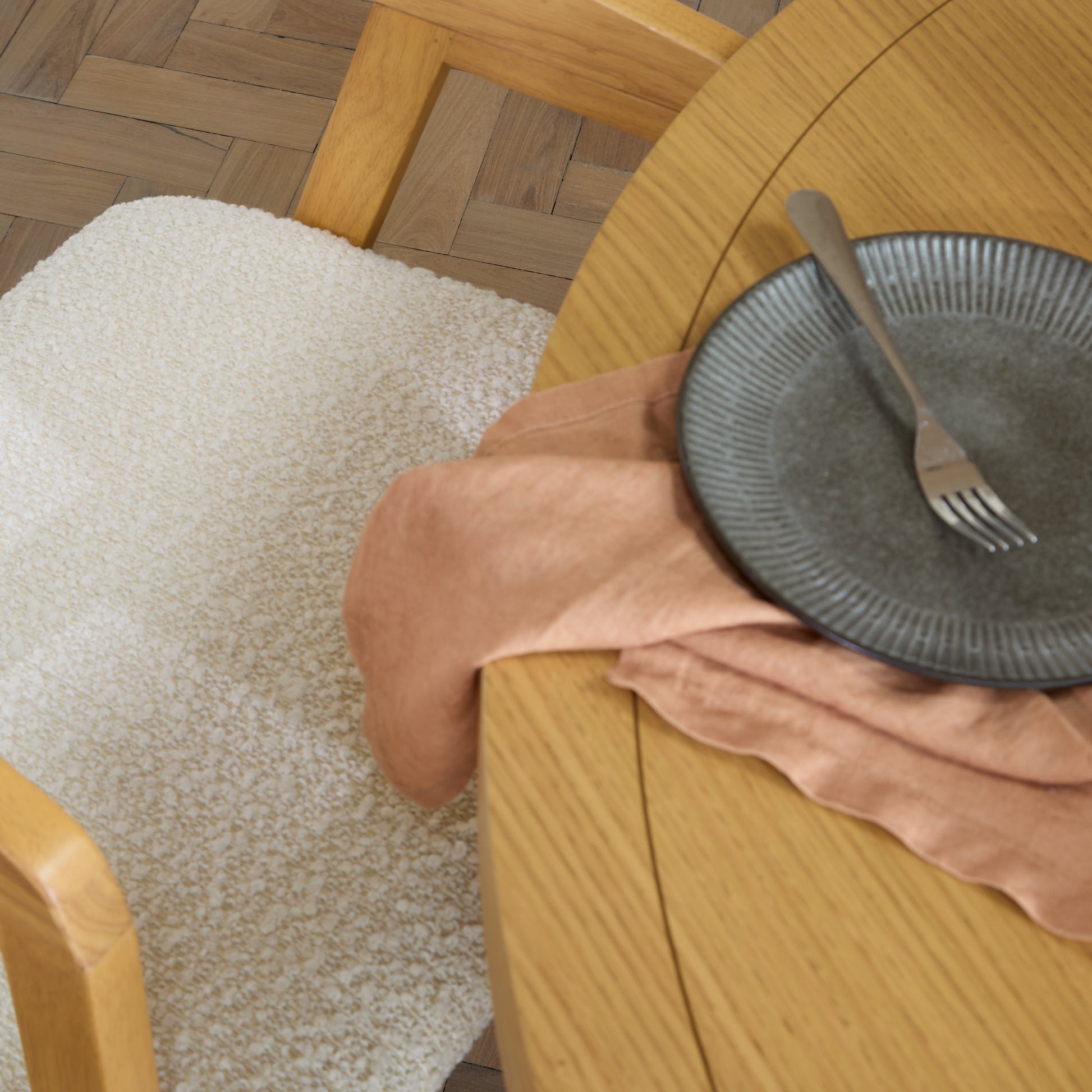 Charlotte Pale Oak Round Dining Table Set - 4 Seater - Ella Pale Oak Carver Chair - Off White Boucle - Laura James