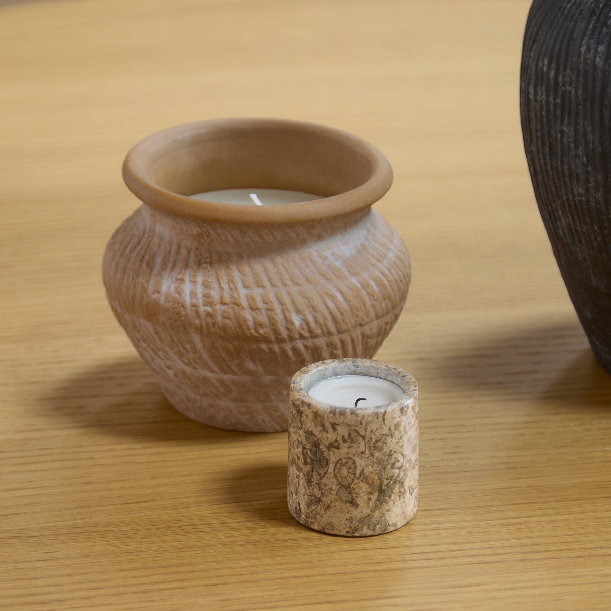 Charlotte Pale Oak Round Dining Table Set - 4 Seater - Ella Pale Oak Carver Chair - Off White Boucle - Laura James