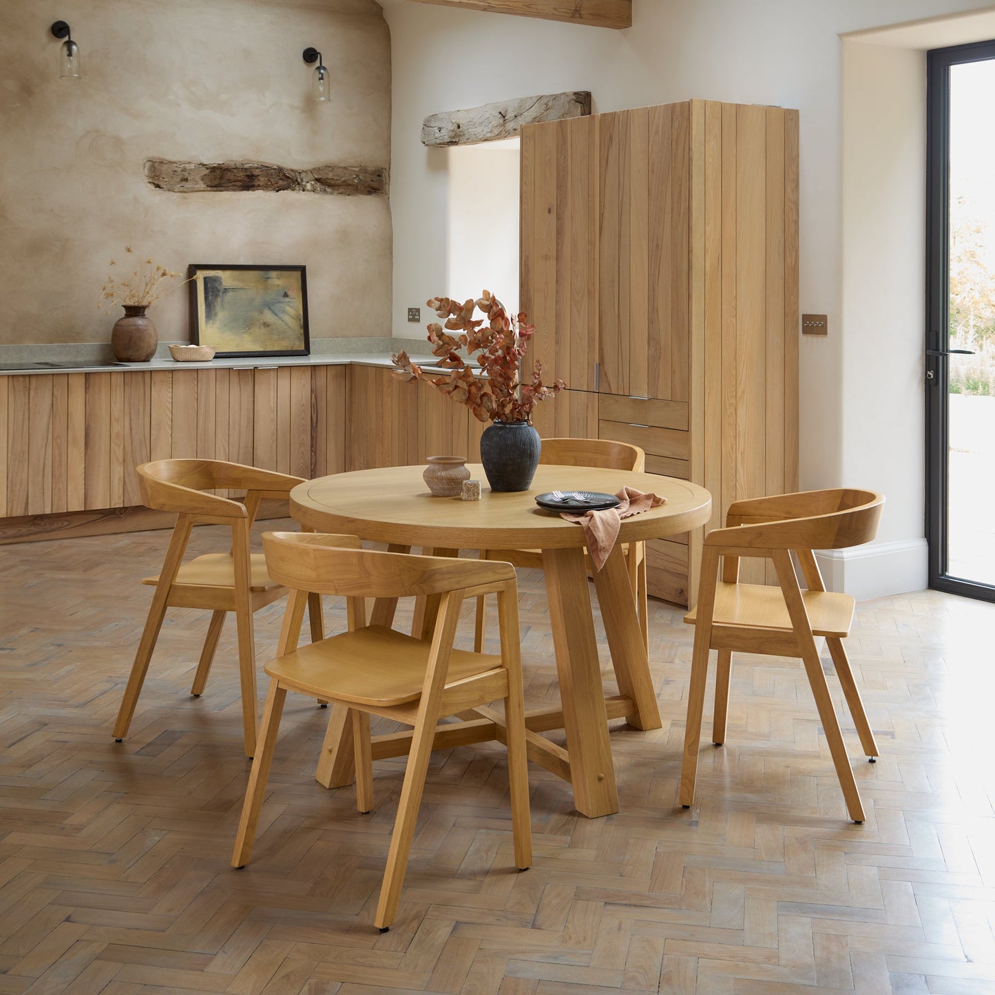 Charlotte Pale Oak Round Dining Table Set - 4 Seater - Ella Pale Oak Carver Chair - Laura James