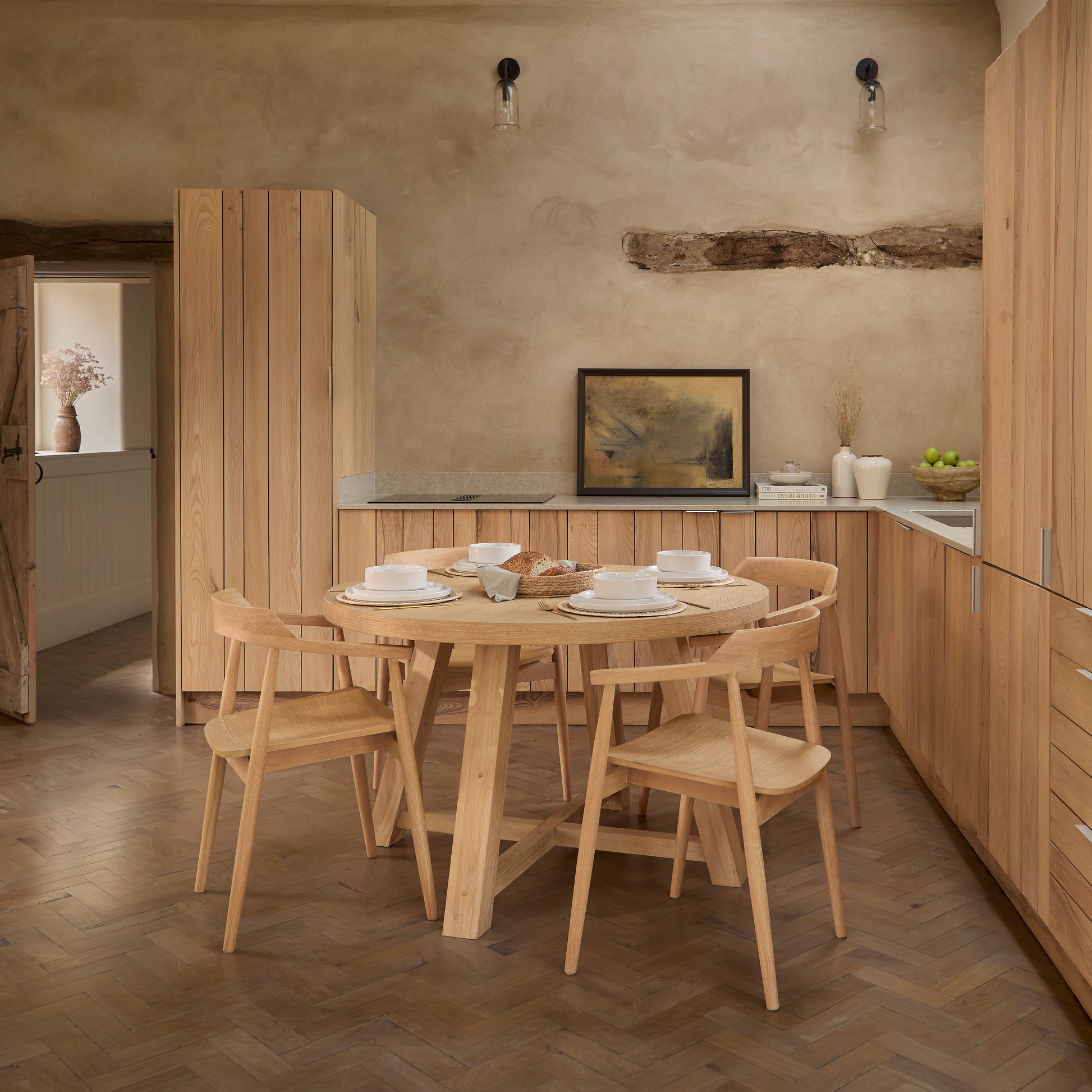 Charlotte Whitewash Round Dining Table Set - 4 Seater - Carter Dining Armchairs - Whitewash Oak Legs - Laura James