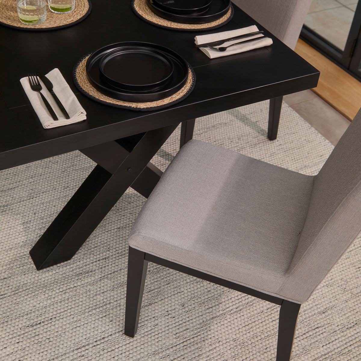 Charlotte Black Oak Extending Dining Table Set - 6 Seater - Nolan Fawn Linen Dining Chairs - Black Oak Legs
- Laura James