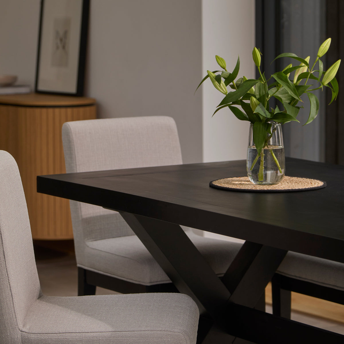 Charlotte Black Oak Extending Dining Table Set - 6 Seater - Nolan Fawn Linen Dining Chairs - Black Oak Legs
- Laura James
