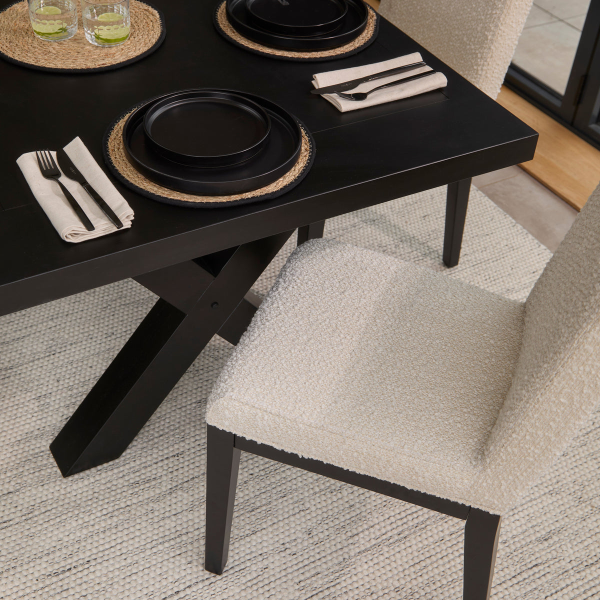Charlotte Black Oak Extending Dining Table Set - 6 Seater - Nolan Boucle Dining Chairs - Black Oak Legs
- Laura James