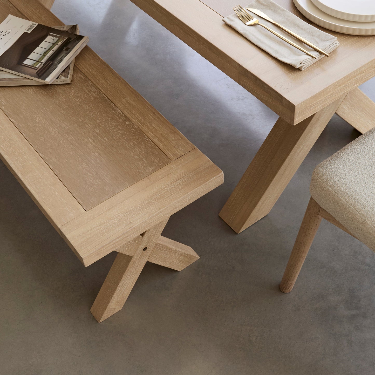 Charlotte 6 Seater Dining Set with 4 Chloe Boucle Dining Chairs and Charlotte Bench - Laura James 