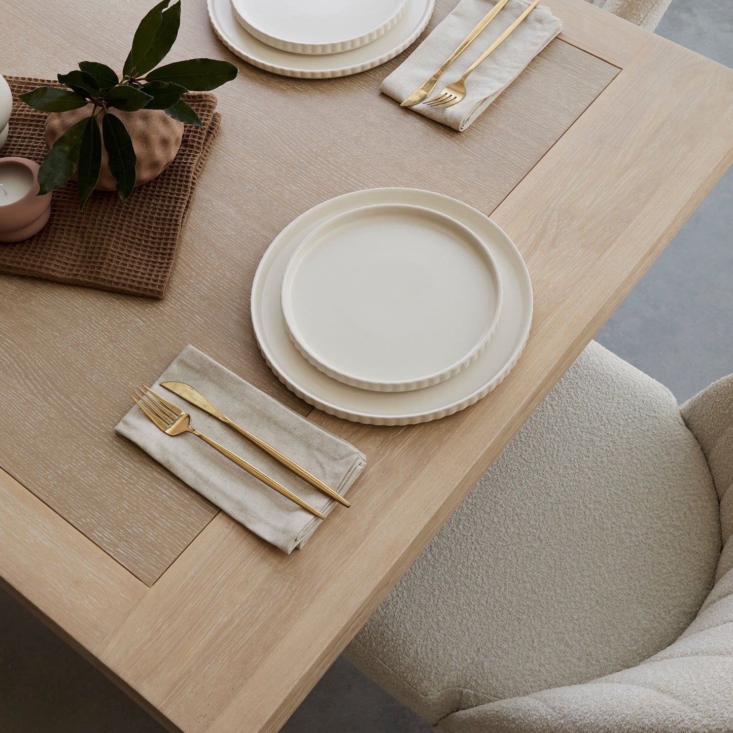 Charlotte 6 Seater Dining Set with 4 Chloe Boucle Dining Chairs and Charlotte Bench - Laura James 