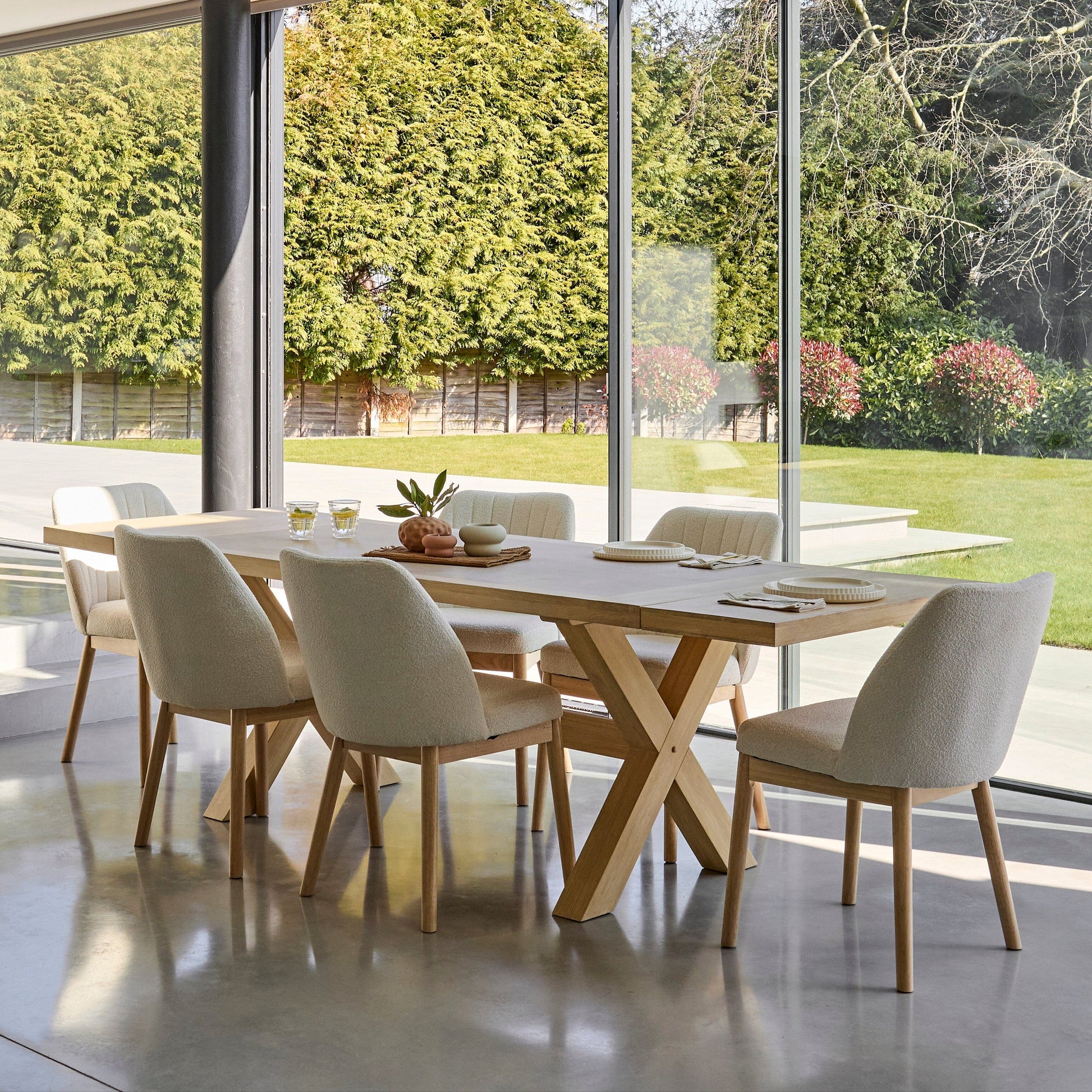 Charlotte Extending Rectangular Dining Table - Whitewash Oak WITH Chloe boucle Dining Chairs - Laura James 