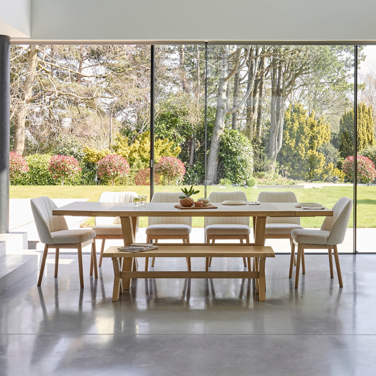 Charlotte 8 Seater Extending Rectangular Dining Table Set with Chloe Boucle Chairs & Dining Bench - Laura James 