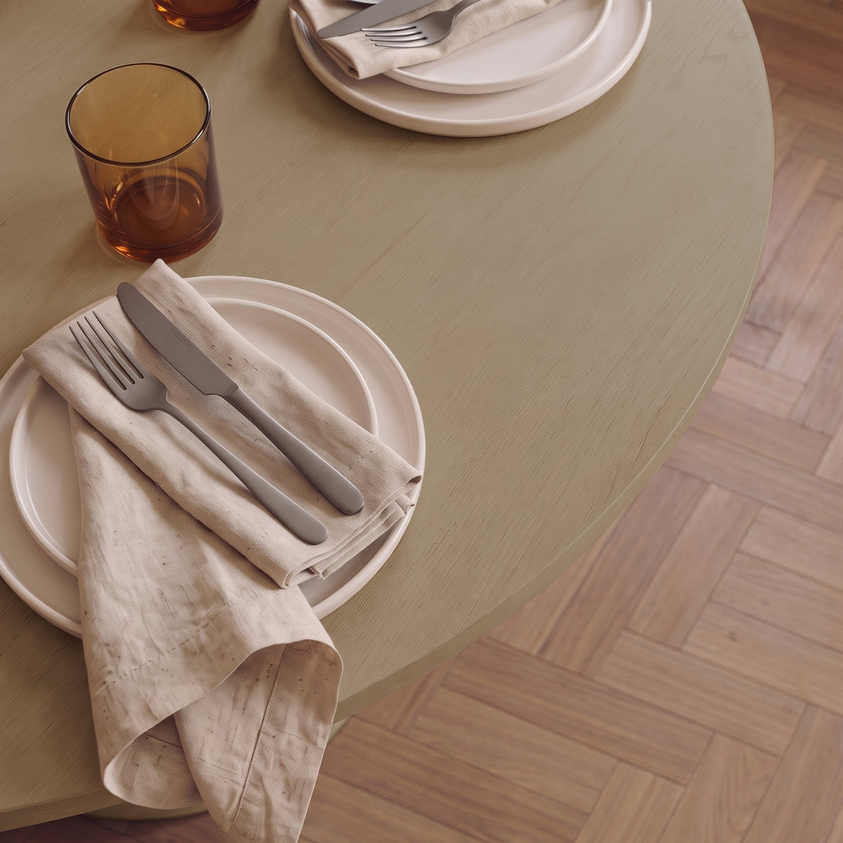 Adam 135cm Almond Brown Round Dining Table Set - 4 Seater - Archer Soft Beige Dining Chairs - Almond Brown Legs - Laura James 
