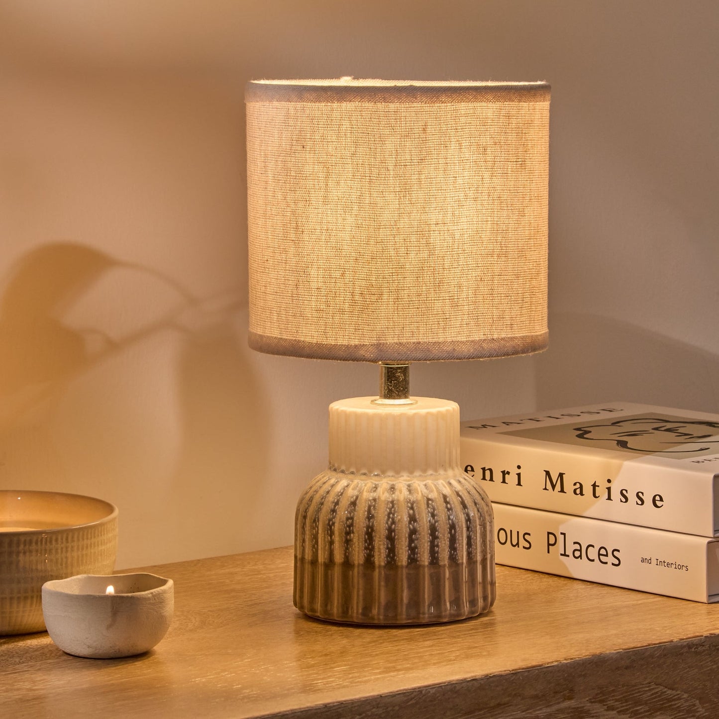 Coates 27cm Ceramic Table Lamp - Blue Reactive Glaze with Cream Linen Shade - Laura James