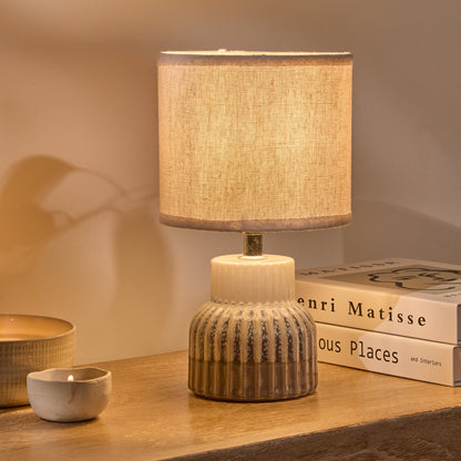 Coates 27cm Ceramic Table Lamp - Blue Reactive Glaze with Cream Linen Shade - Laura James