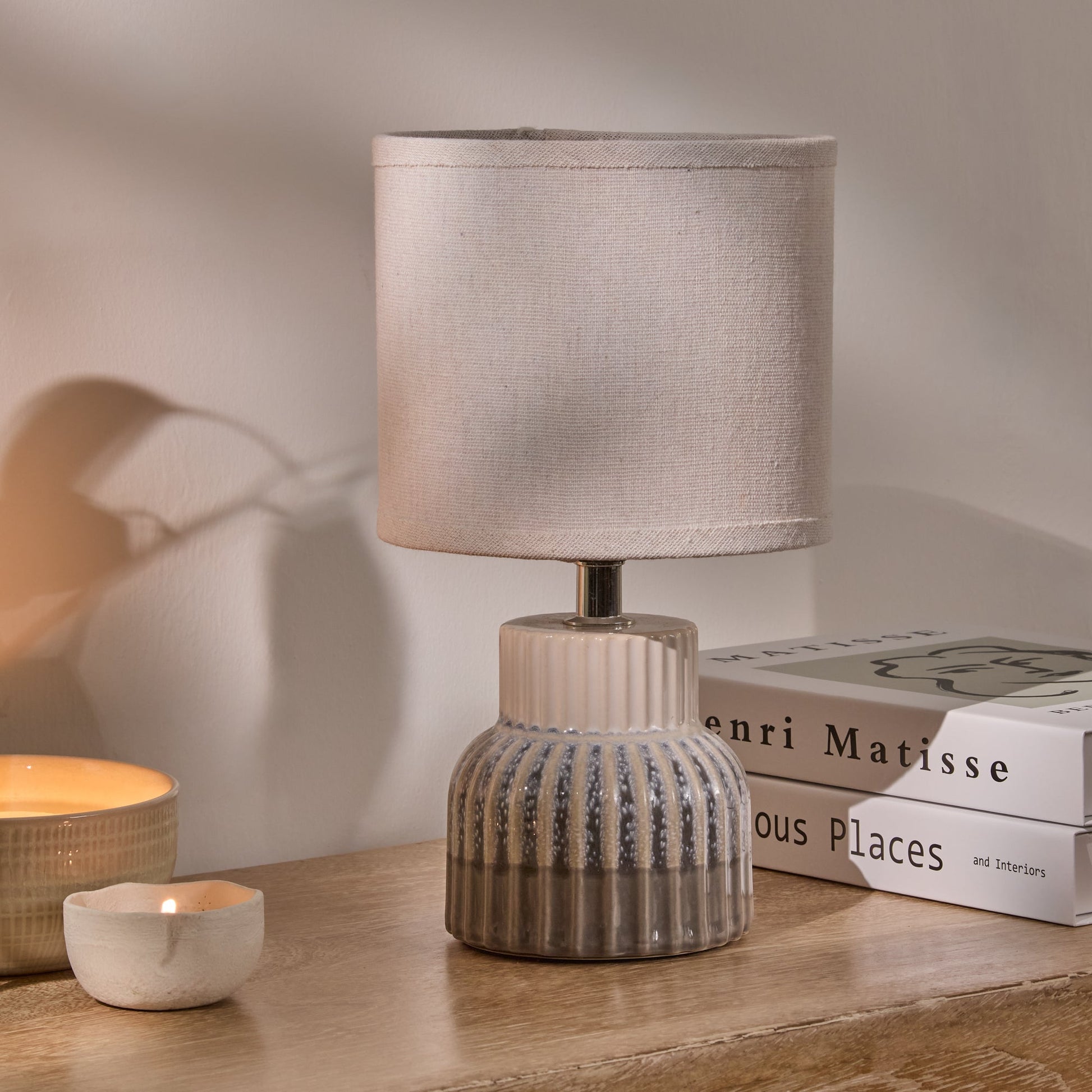 Coates 27cm Ceramic Table Lamp - Blue Reactive Glaze with Cream Linen Shade - Laura James