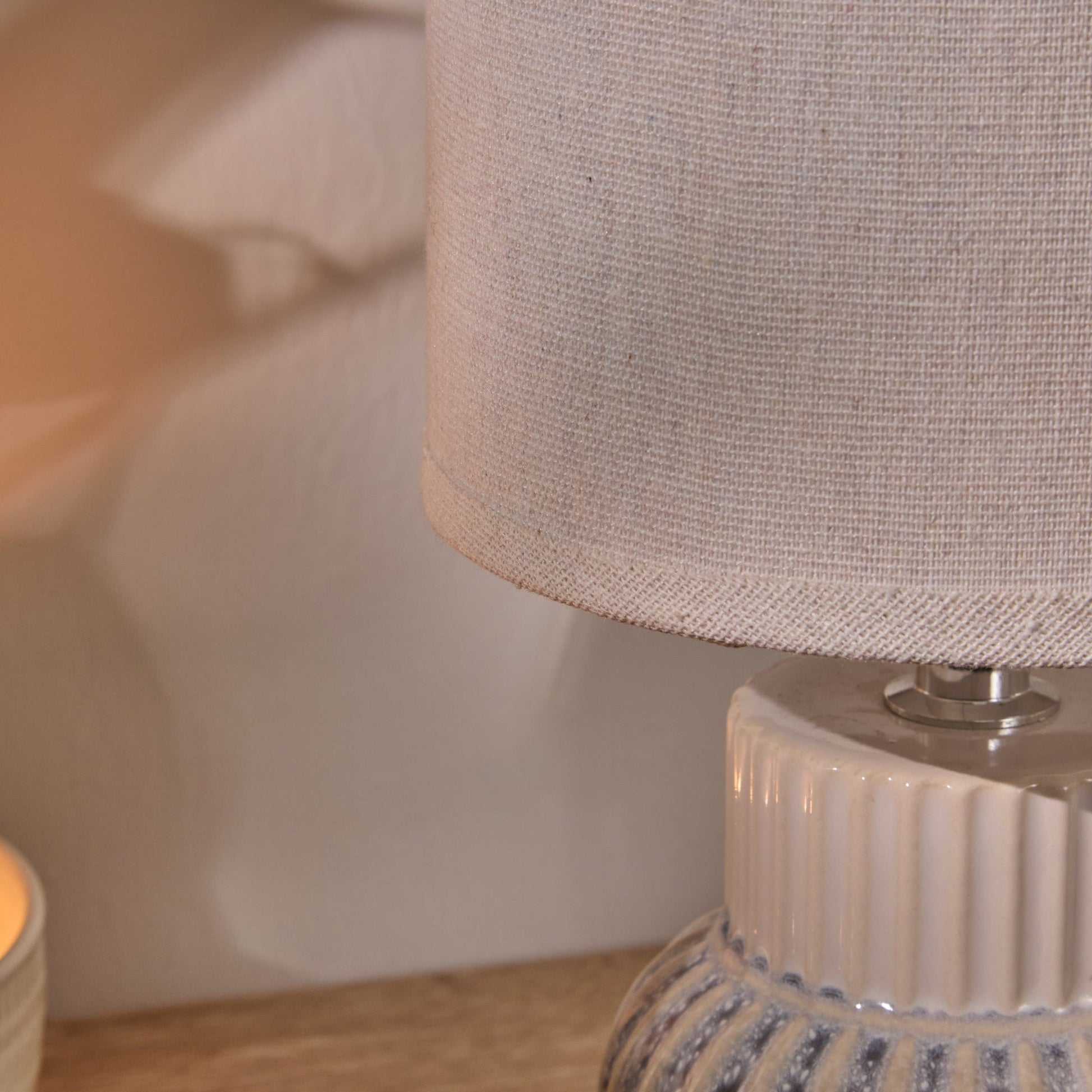 Coates 27cm Ceramic Table Lamp - Blue Reactive Glaze with Cream Linen Shade - Laura James