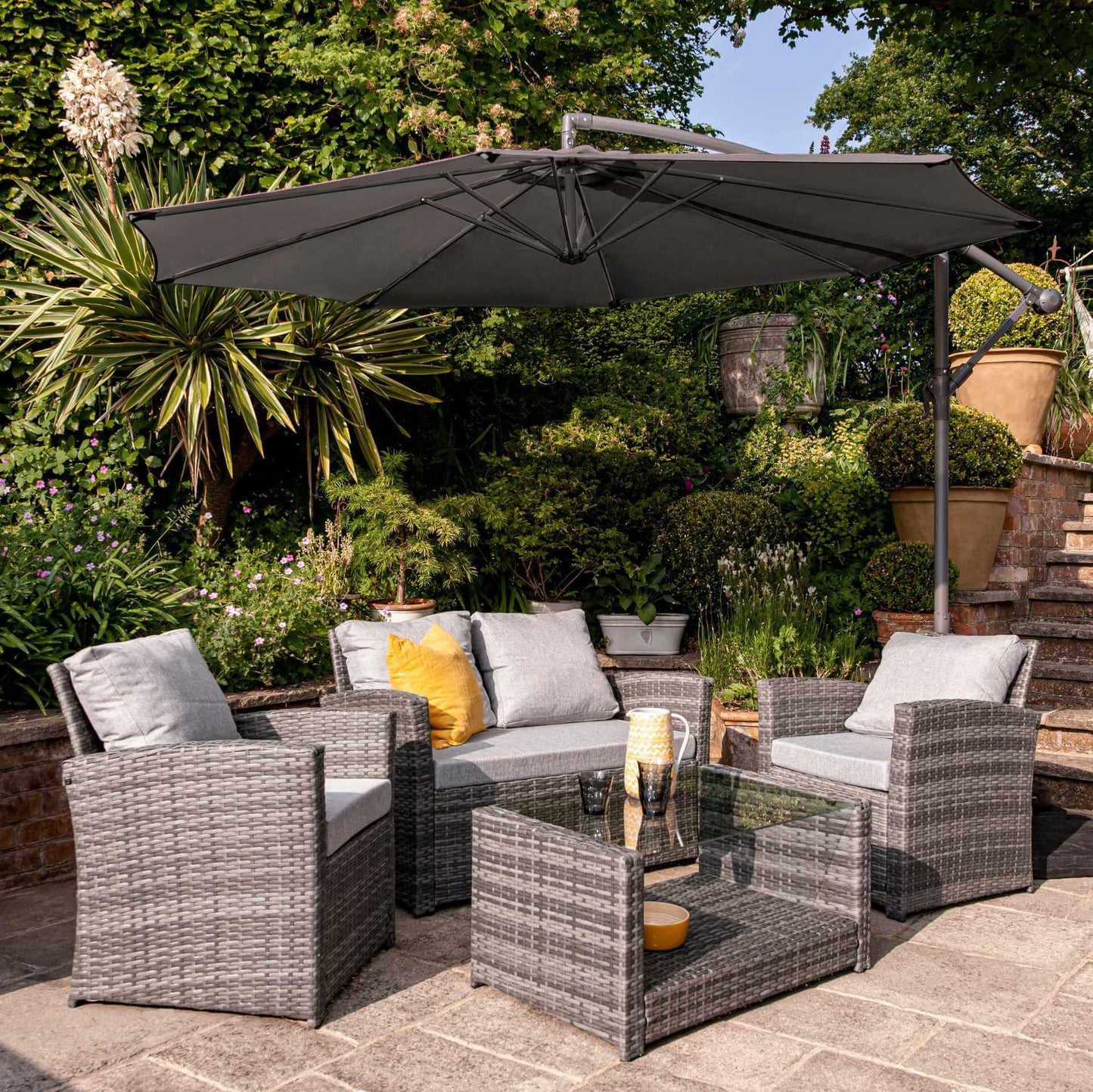 Cote Garden Sofa Set - Lean Over Parasol - 4 Seater - Grey Rattan