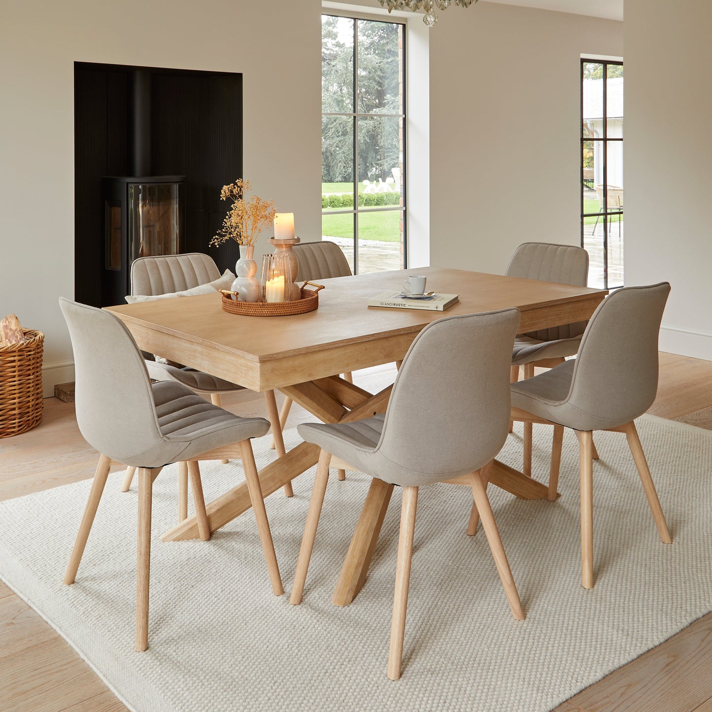 Amelia Whitewash Dining Table Set - 6 Seater - Bella Soft Beige Dining Chairs - Whitewash Legs