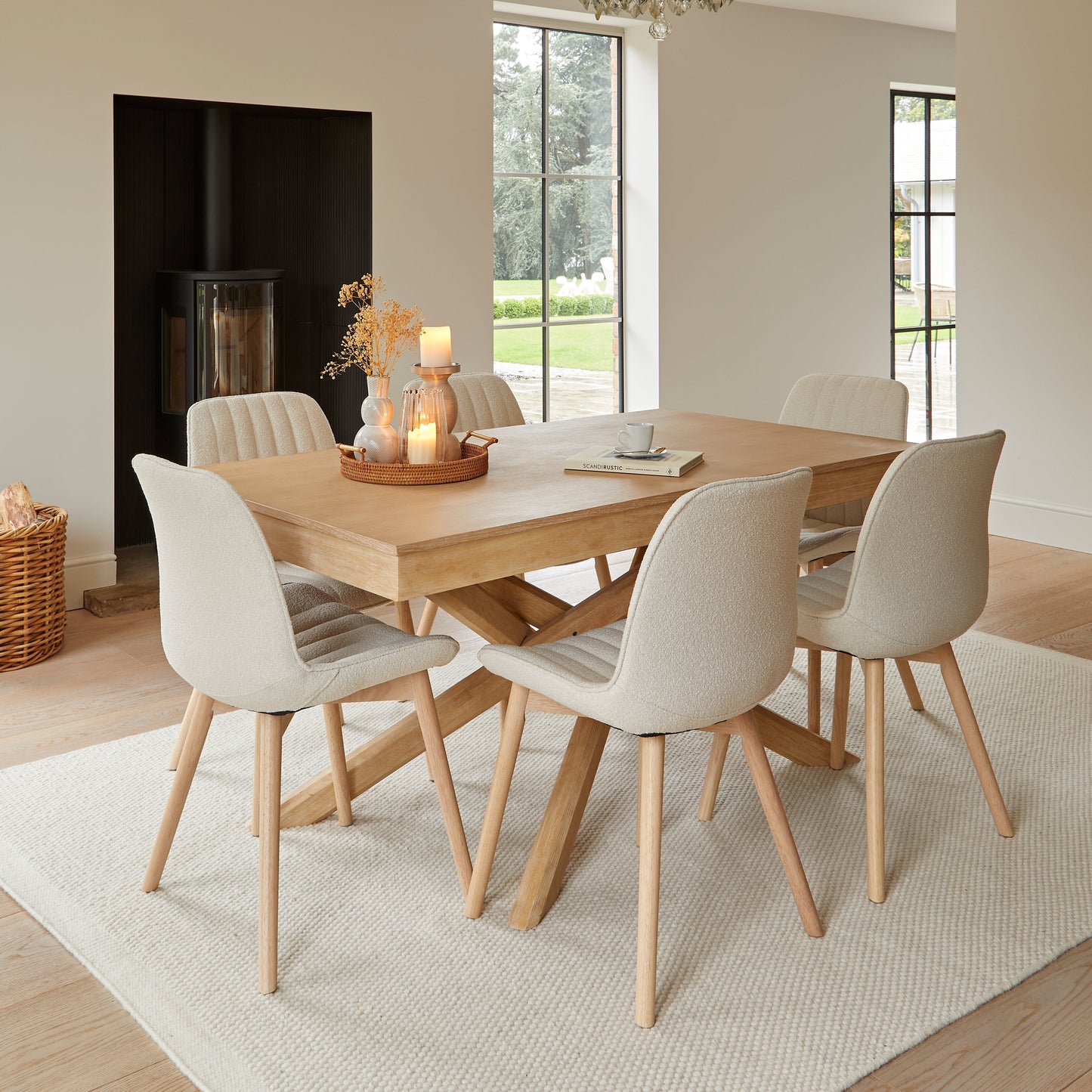 Amelia Whitewash Dining Table Set - 6 Seater - Bella Light Beige Boucle Dining Chairs - Whitewash Legs