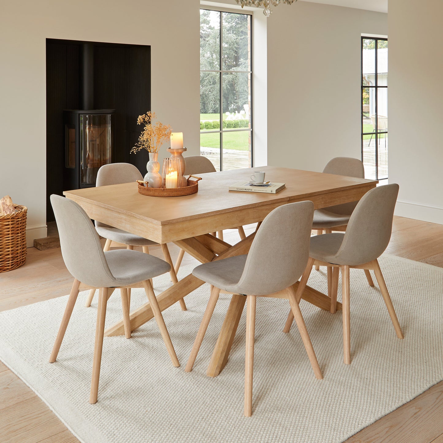 Amelia Whitewash Extending Dining Table Set - 6 Seater - Ellis Soft Beige Dining Chairs - Whitewash Legs