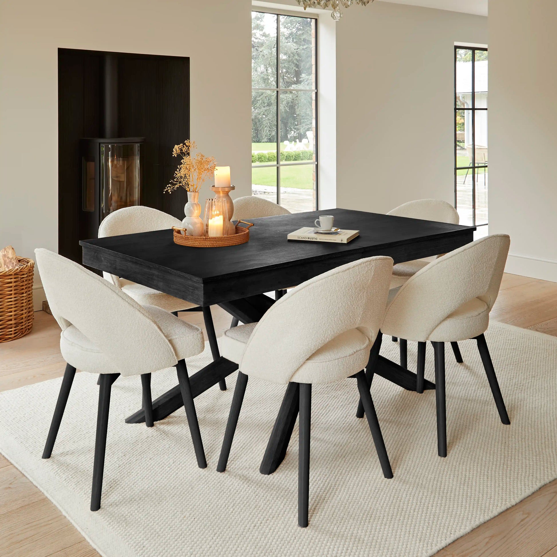 Amelia Black Wooden Dining Table Set - 6 Marilyn Boucle Dining Chairs - Laura James 