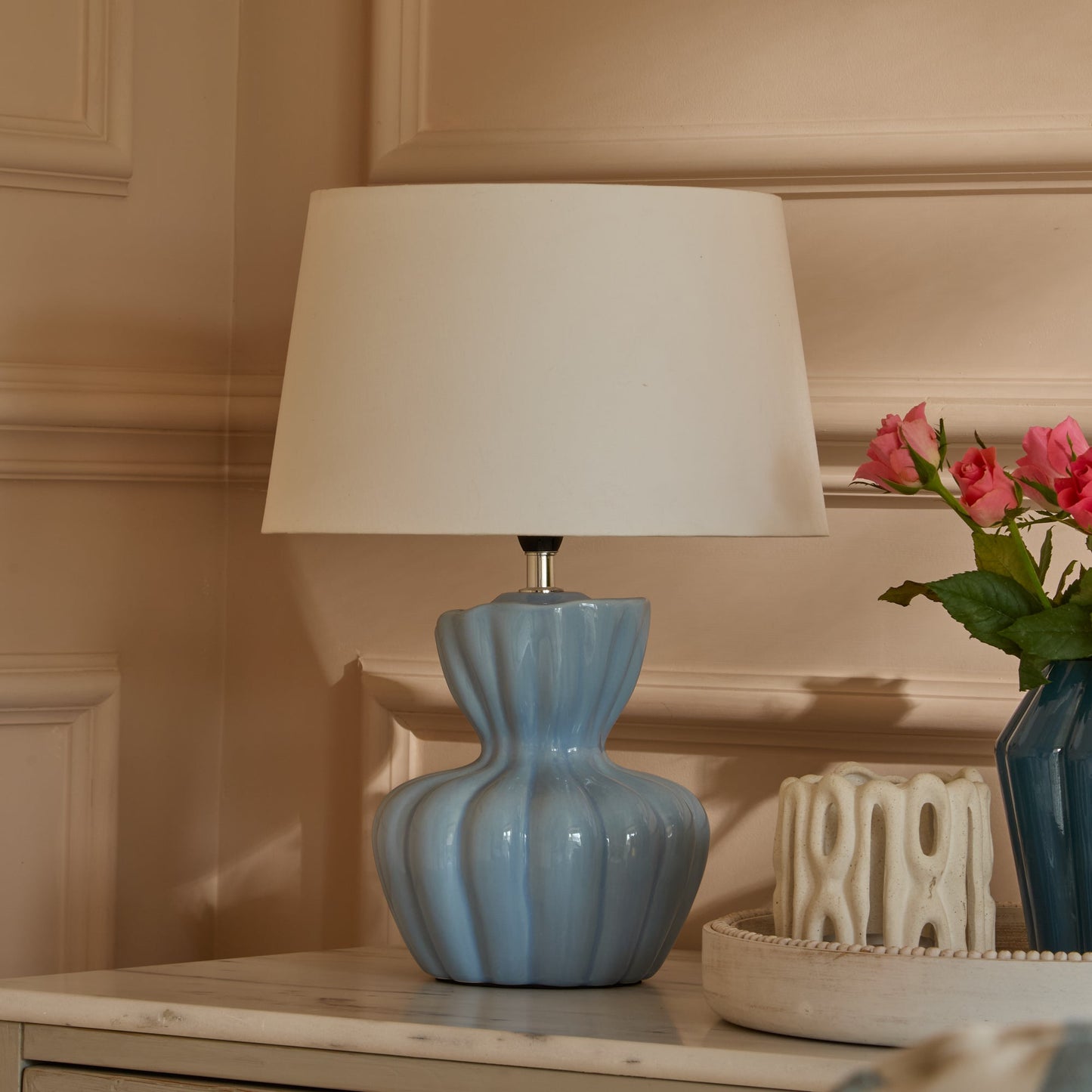 Dawes 30cm Ceramic Lamp Base - Cornflower Blue with Coningsby 30cm Cotton Lamp Shade - Snow White - Laura James