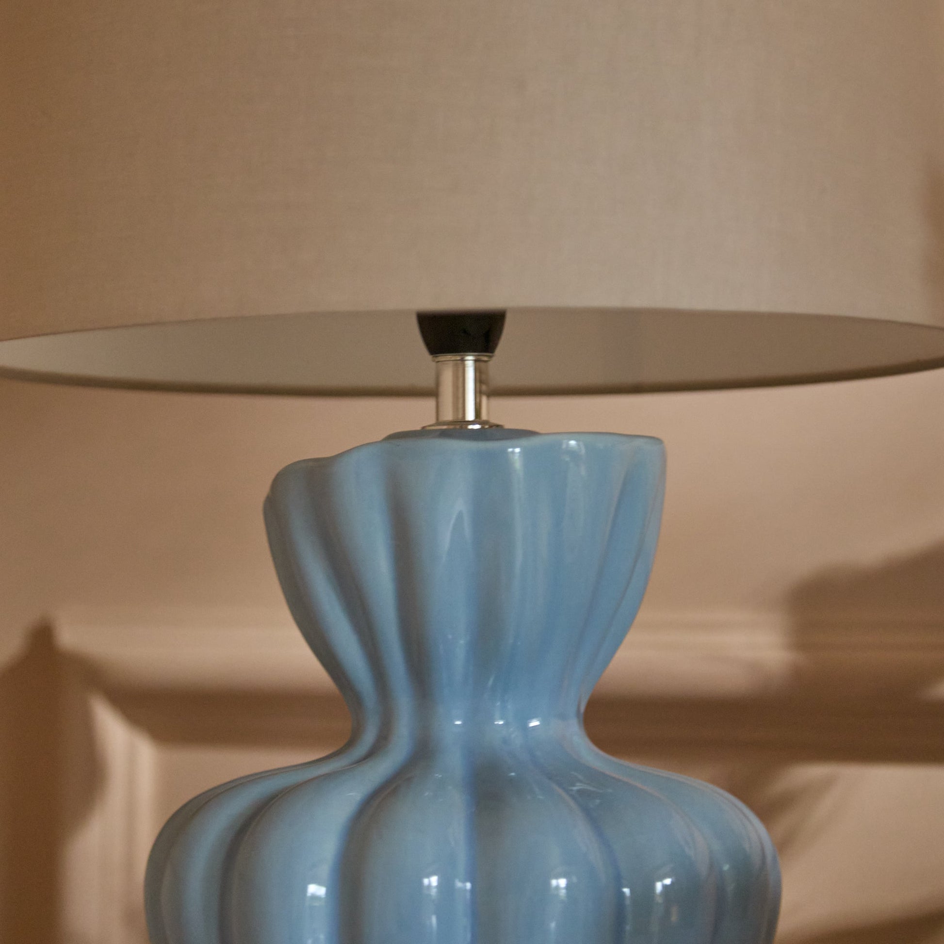 Dawes 30cm Ceramic Lamp Base - Cornflower Blue & Coningsby 30cm Cotton Lamp Shade - Taupe - Laura James