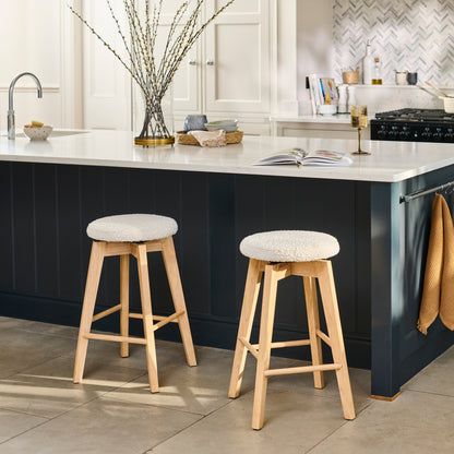 Digby Off White Boucle Swivel Backless Stools - Set of 2 - Whitewash Oak Legs - Laura James