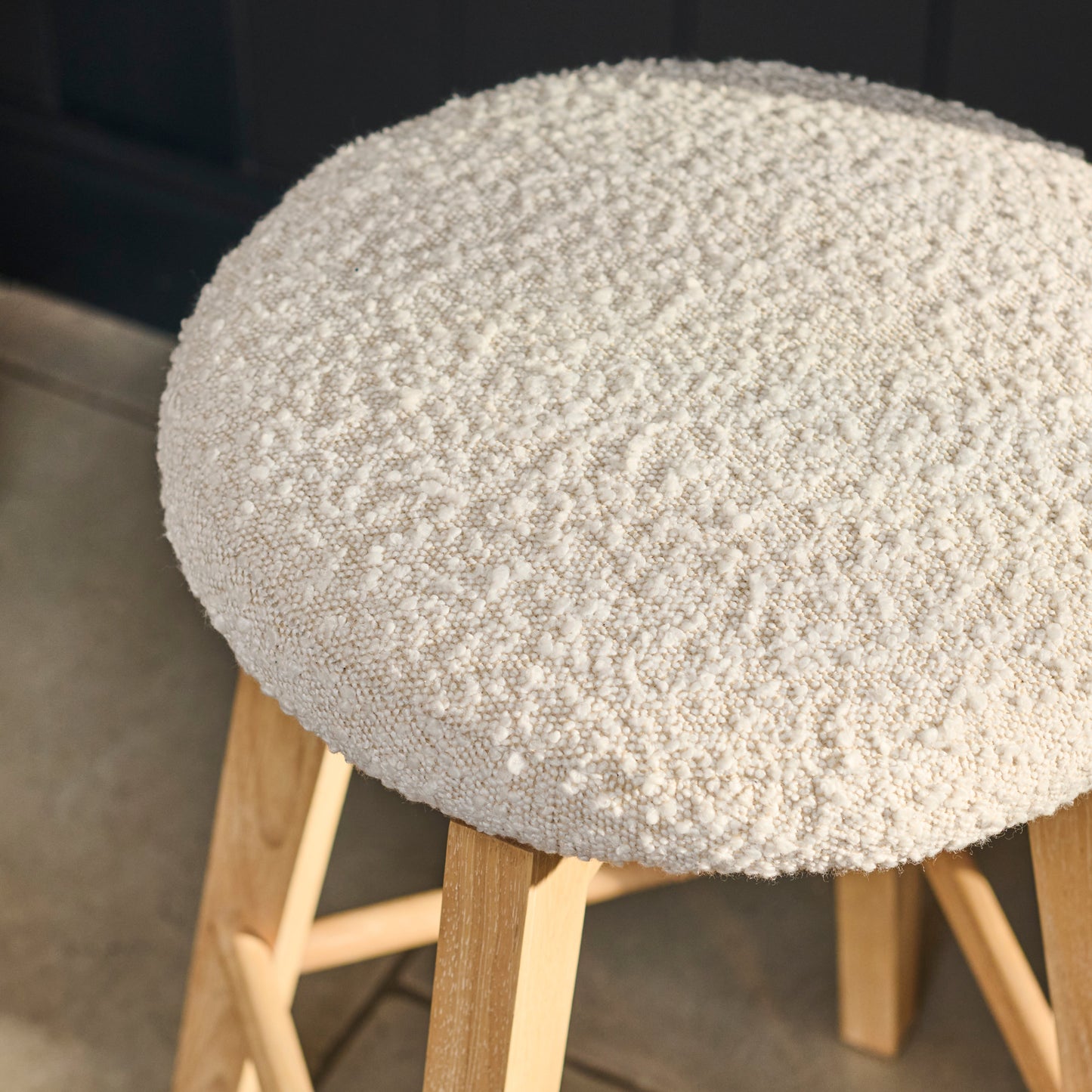 Digby Off White Boucle Swivel Backless Stools - Set of 2 - Whitewash Oak Legs - Laura James