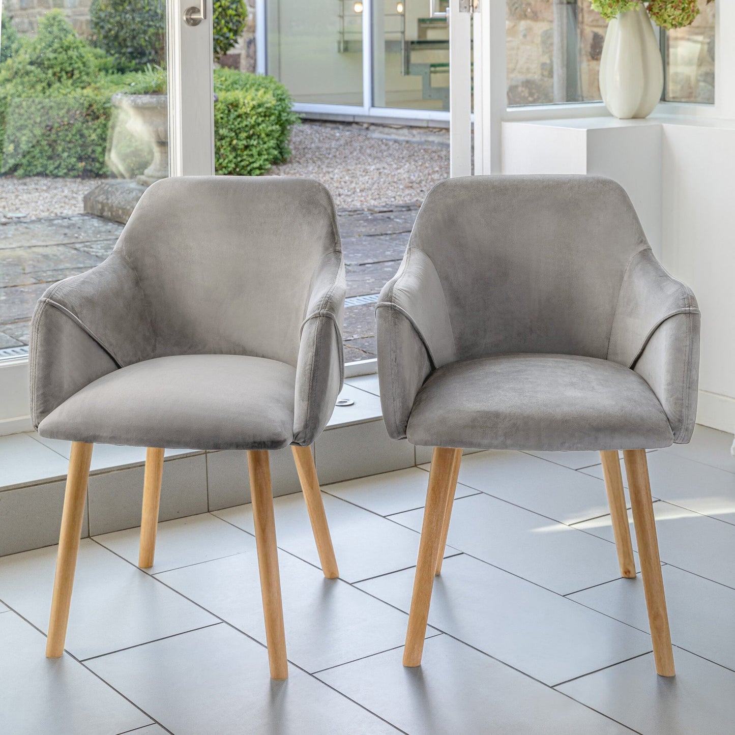 Ella 160cm Pale Oak Dining Table Set - 6 Seater - 4 Freya Dining Chairs with  2 Freya Armchairs - Mist Grey with Pale Oak Legs - Laura James