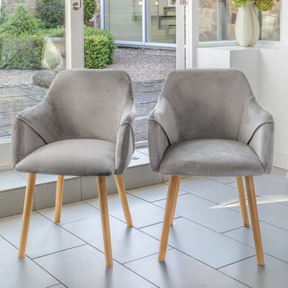 Ella 160cm Pale Oak Dining Table Set - 6 Seater - 4 Freya Dining Chairs with  2 Freya Armchairs - Mist Grey with Pale Oak Legs - Laura James