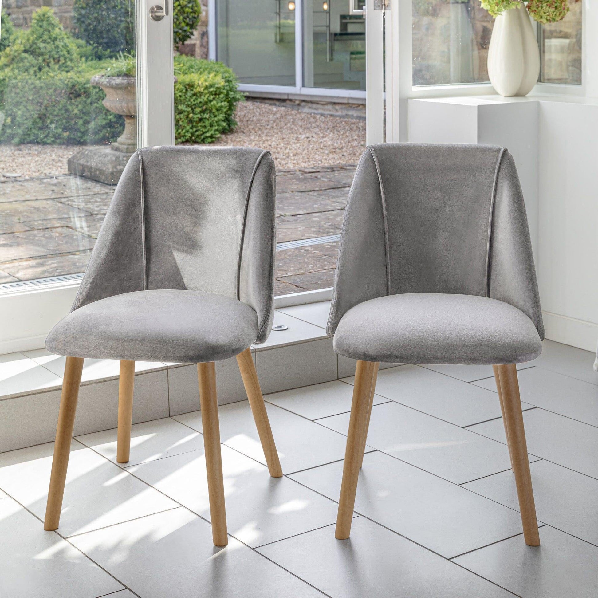 Ella 160cm Pale Oak Dining Table Set - 6 Seater - 4 Freya Dining Chairs with  2 Freya Armchairs - Mist Grey with Pale Oak Legs - Laura James