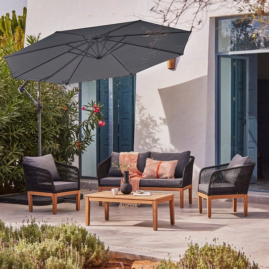 Eaden Rope Garden Conversation Set with Grey Lean Over Parasol - Black