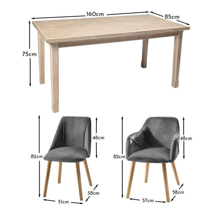 Ella 160cm Pale Oak Dining Table Set - 6 Seater - 4 Freya Dining Chairs with  2 Freya Armchairs - Mist Grey with Pale Oak Legs - Laura James