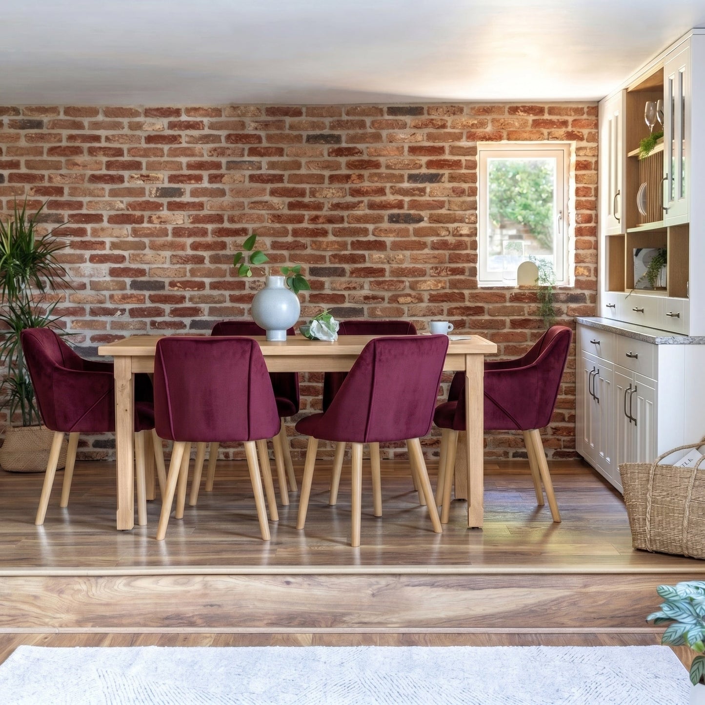 Ella 160cm Pale Oak Dining Table Set - 6 Seater - 4 Freya Dining Chairs with 2 Freya Armchairs - Burgundy Red with Pale Oak Legs