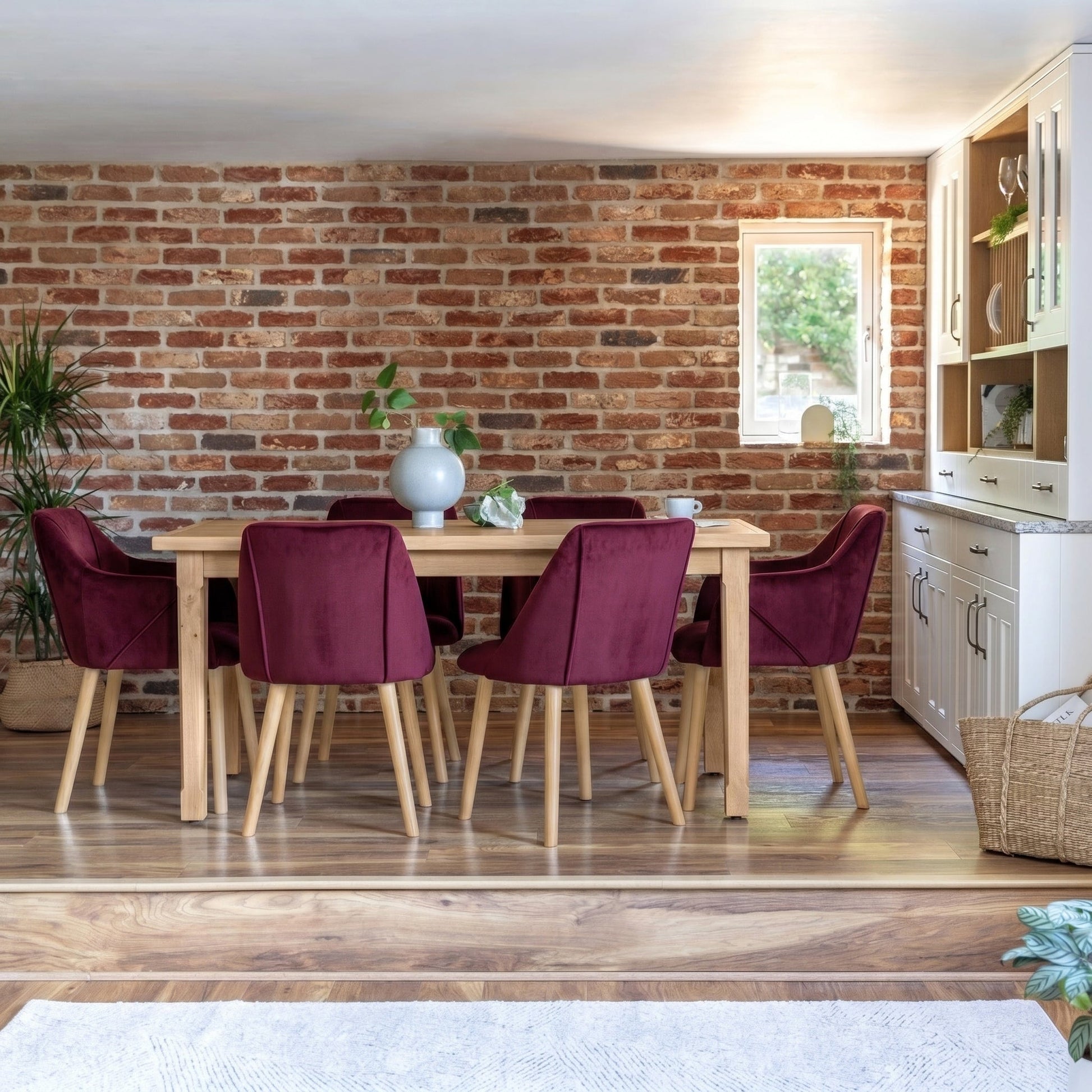 Ella 160cm Pale Oak Dining Table Set - 6 Seater - 4 Freya Dining Chairs with 2 Freya Armchairs - Burgundy Red with Pale Oak Legs