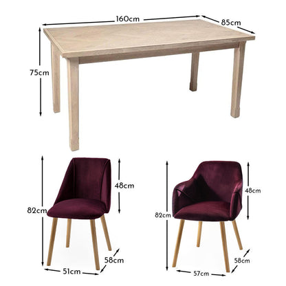 Ella 160cm Pale Oak Dining Table Set - 6 Seater - 4 Freya Dining Chairs with 2 Freya Armchairs - Burgundy Red with Pale Oak Legs