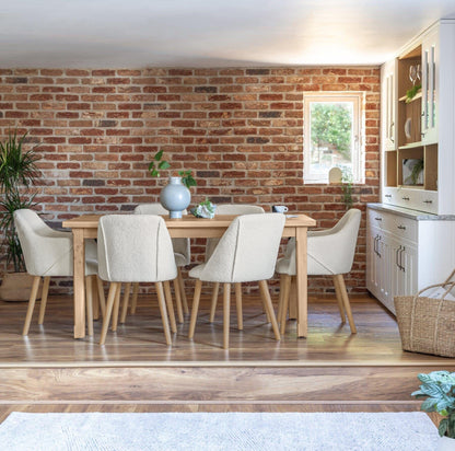 Ella 160cm Pale Oak Dining Table Set - 6 Seater - 4 Freya Dining Chairs with  2 Freya Armchairs - Light Beige with Pale Oak Legs