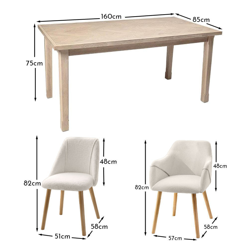 Ella 160cm Pale Oak Dining Table Set - 6 Seater - 4 Freya Dining Chairs with  2 Freya Armchairs - Light Beige with Pale Oak Legs