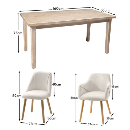 Ella 160cm Pale Oak Dining Table Set - 6 Seater - 4 Freya Dining Chairs with  2 Freya Armchairs - Light Beige with Pale Oak Legs