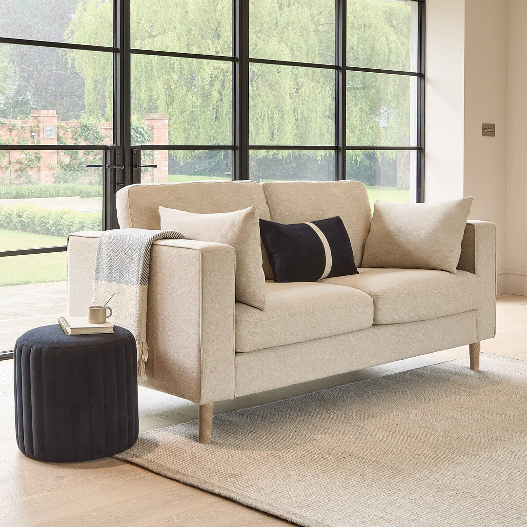 Emily 2 Seater Sofa - Sand with Whitewash Oak Legs - Laura James 