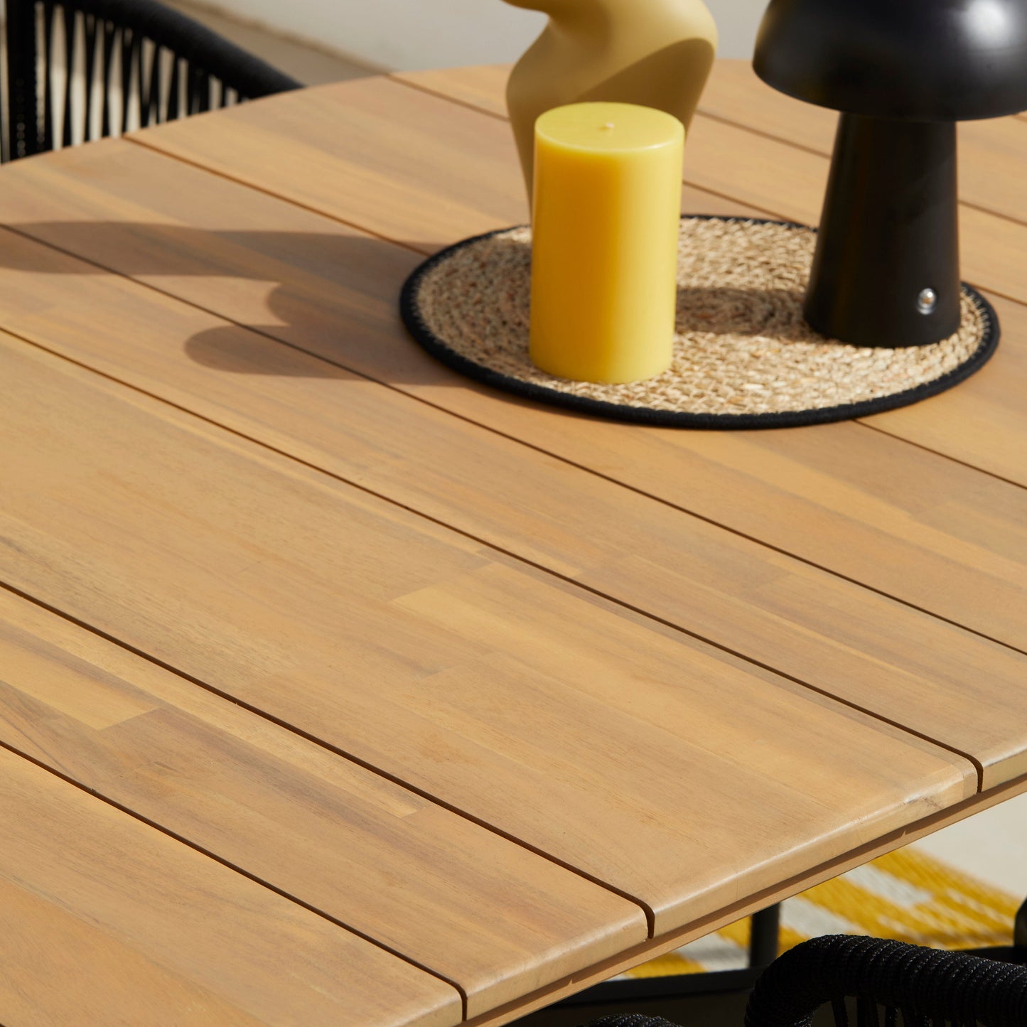 Ezra 6 Seater Oval Wooden Garden Dining Set with 6 Hali Black Rope Chairs - Laura James 