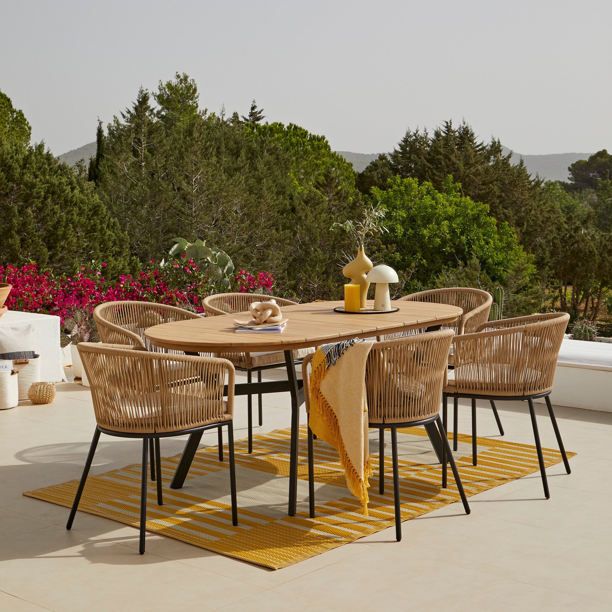 Ezra 6 Seater Oval Wooden Garden Dining Set with 6 Hali Natural Rope Chairs - Laura James 