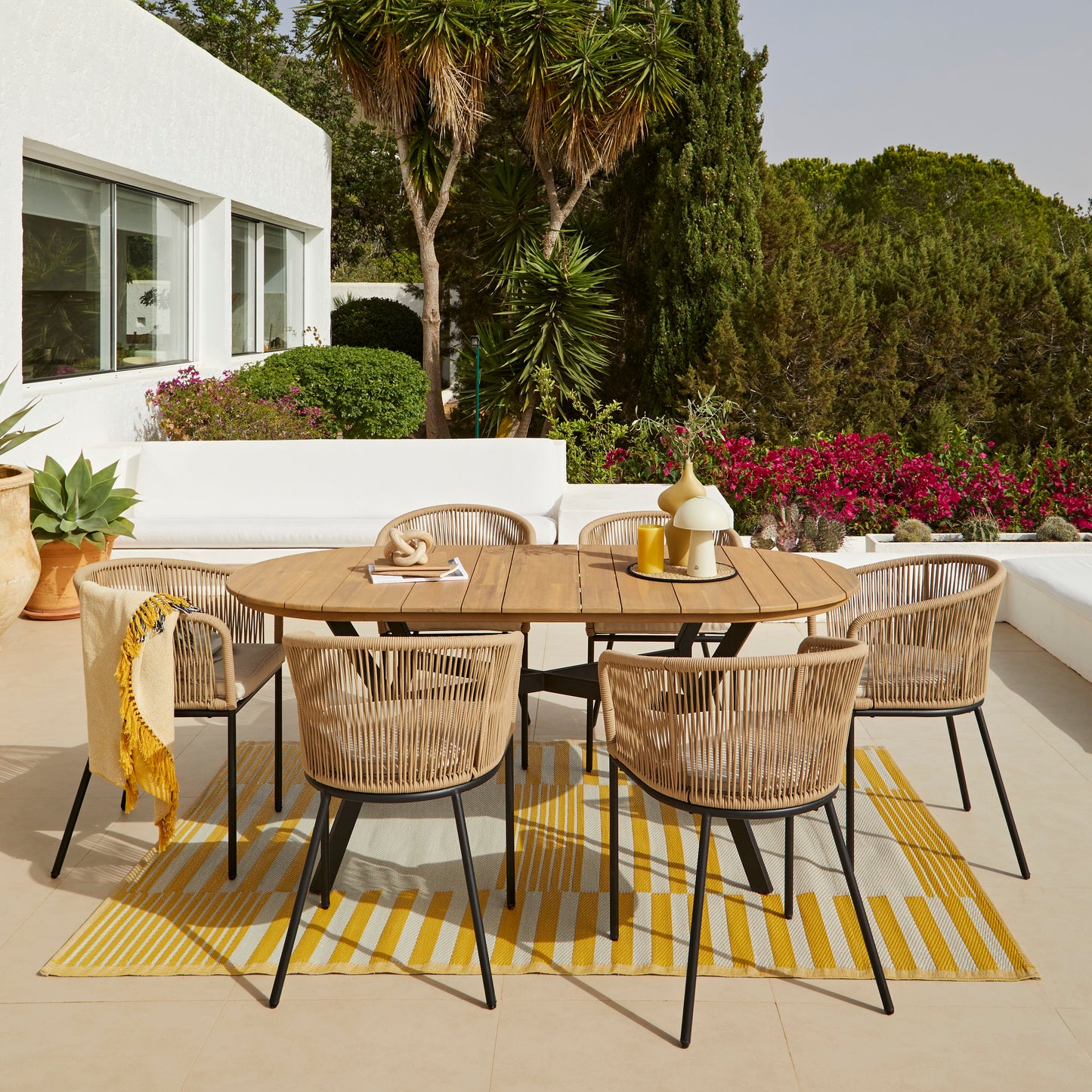 Ezra 6 Seater Oval Wooden Garden Dining Set with 6 Hali Natural Rope Chairs - Laura James 
