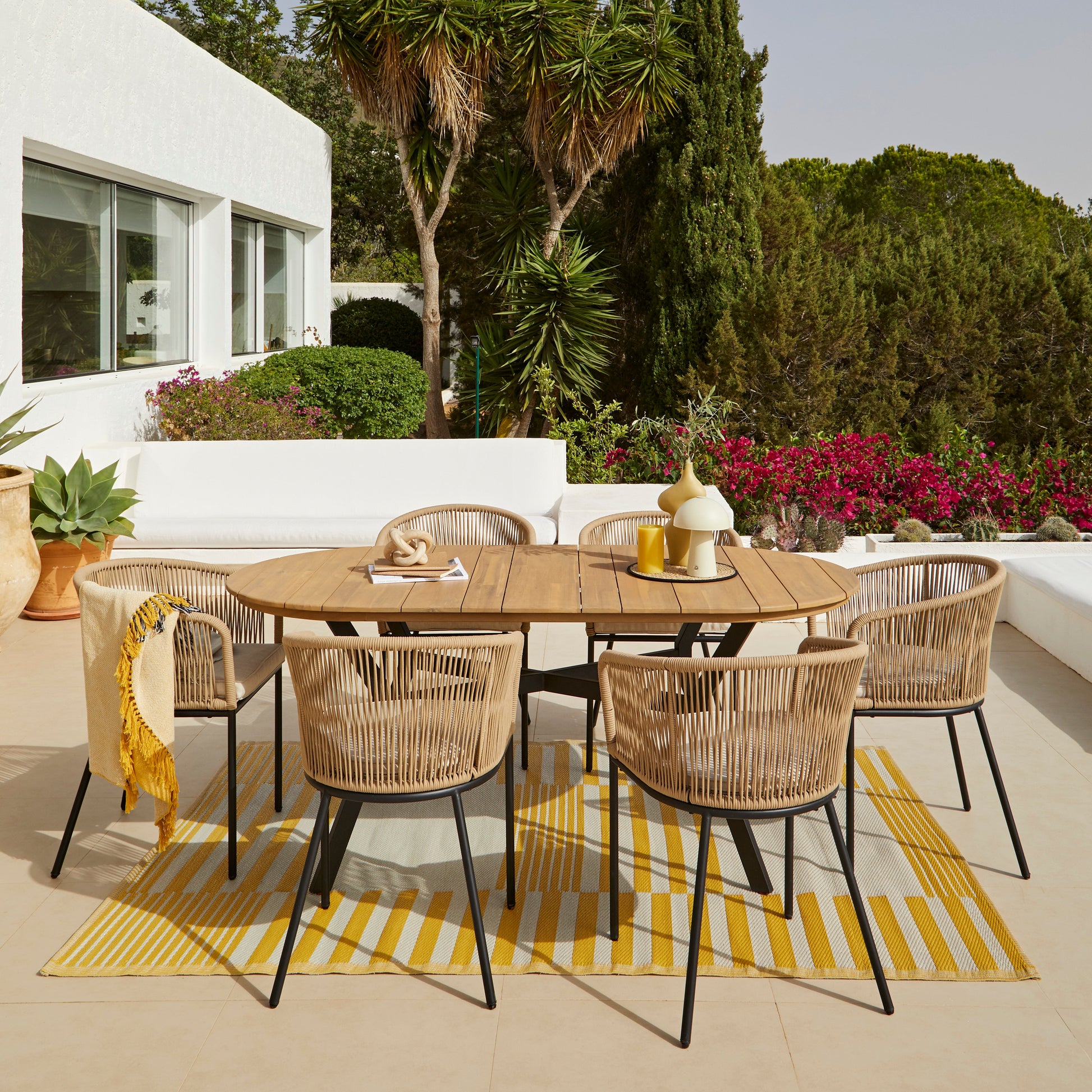 Ezra 6 Seater Oval Wooden Garden Dining Set with 6 Hali Natural Rope Chairs - Laura James 