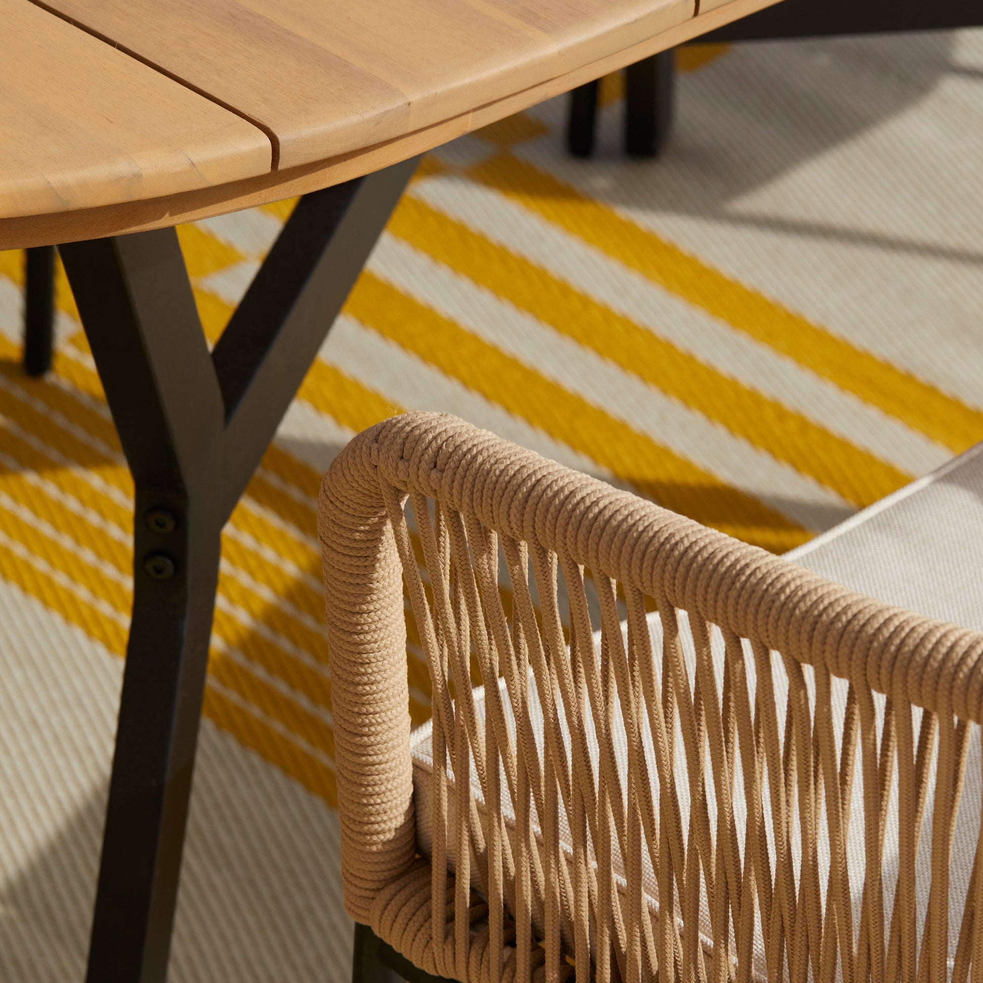 Ezra 6 Seater Oval Wooden Garden Dining Set with 6 Hali Natural Rope Chairs - Laura James 