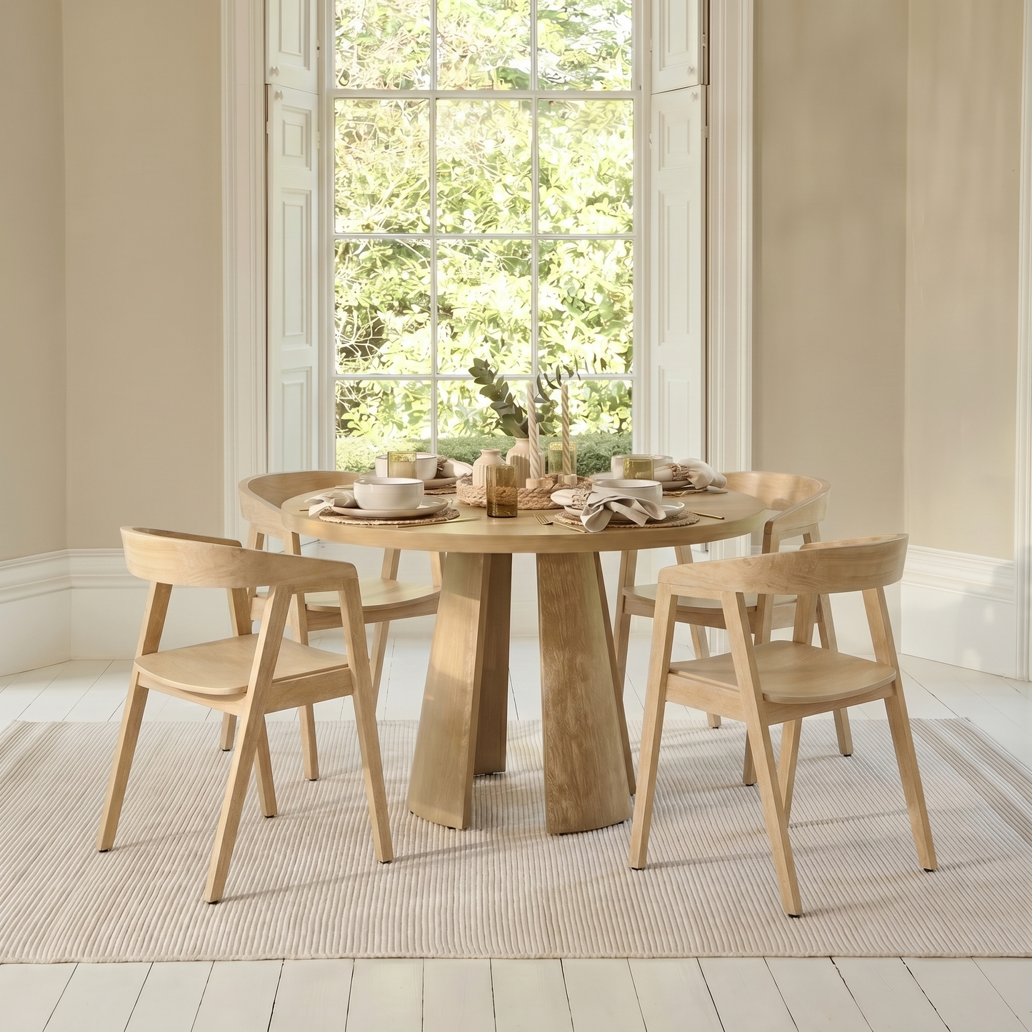 Farren Whitewash Oak Round Dining Table Set - 4 Seater - Ella Whitewash Oak Armchairs