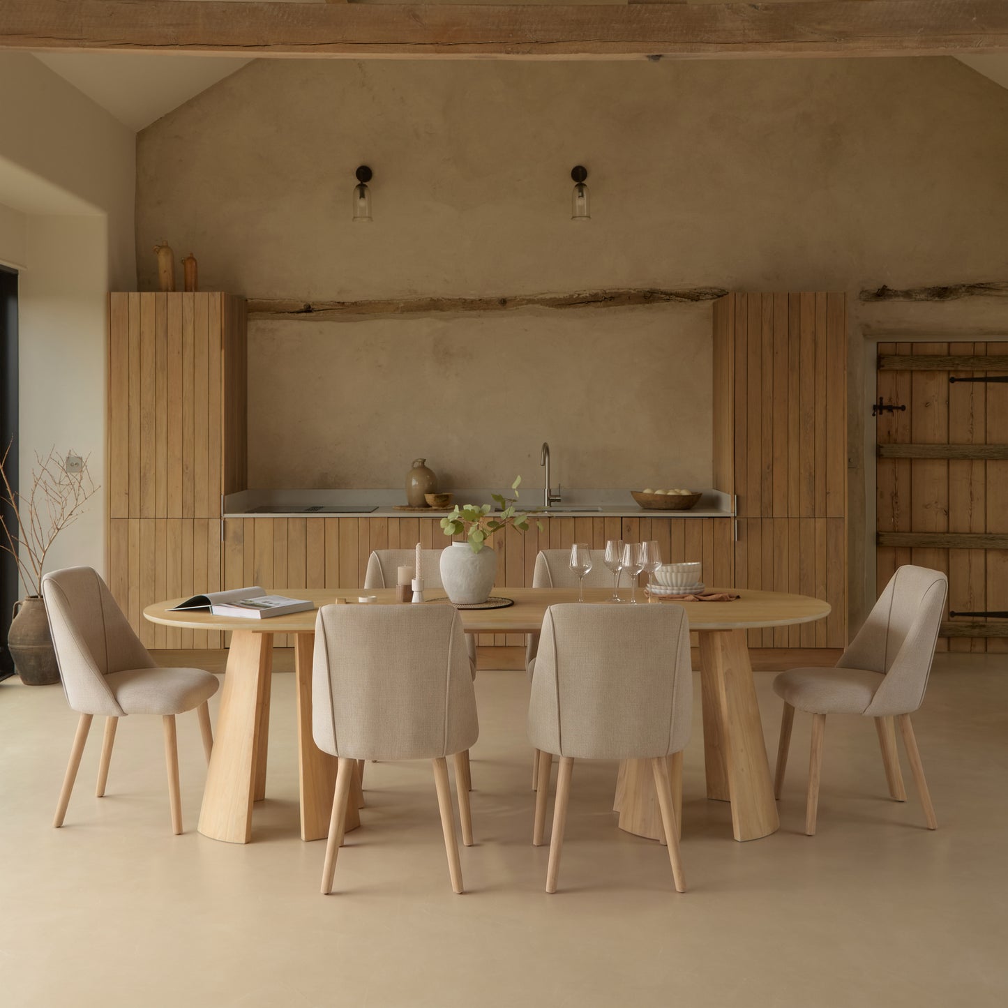 Farren Whitewash Oak Oval Dining Table Set - 6 Seater - Freya Sand Dining Chairs - Whitewash Oak Legs - Laura James Ireland